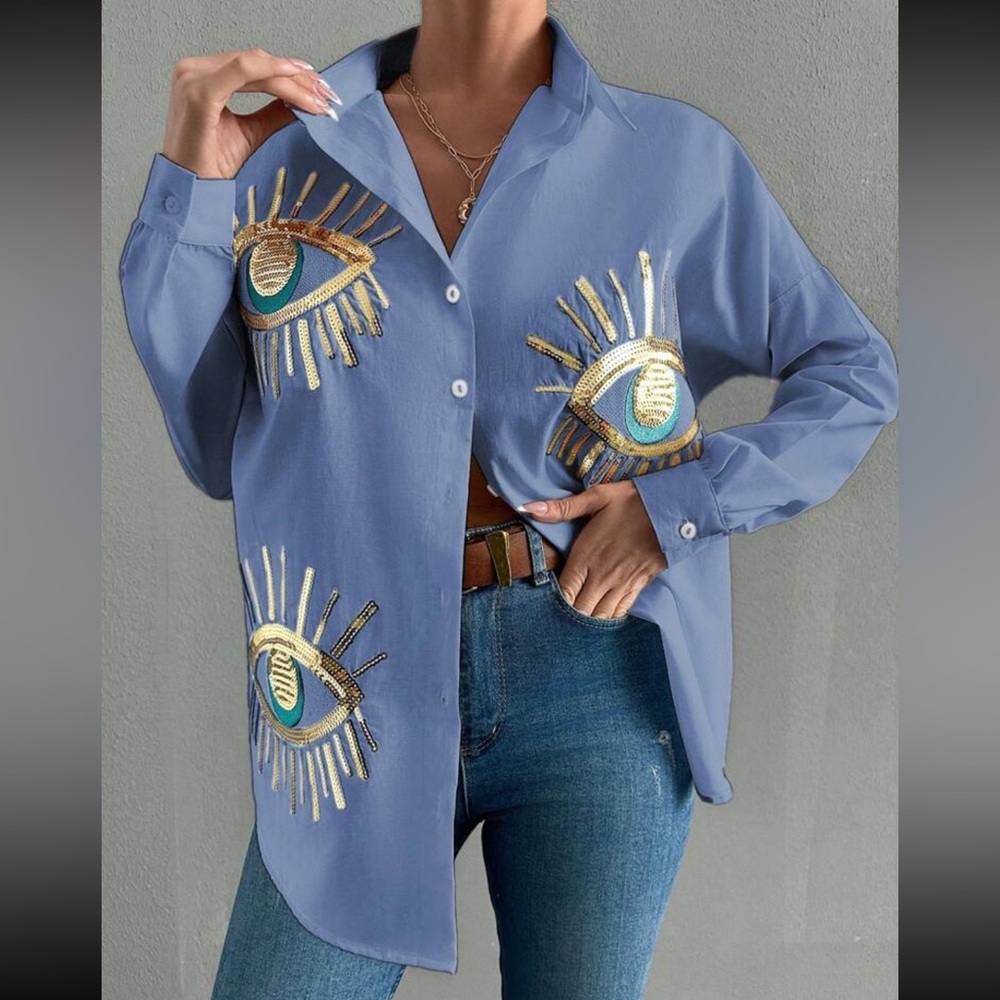 Boho blue eye embroidered button down long sleeve shirt - Picture 1 of 5